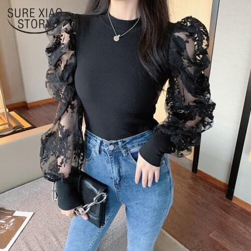 Hong Kong Style Vintage Bubble Sleeves Lace Stitching Bottoming Shirt Female Round Neck Slim Slimming Blouse Camisas Mujer 12330