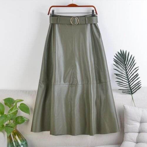 2021 New Autumn Winter PU Leather mi-long Skirt with Belted High Waist Vintage A-line Skirt Chic Umbrella A-Line Skirts Lady