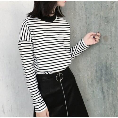 2021 Autumn Women T Shirt Fashion Clothing Lady O Neck T-Shirt Causal Black White Strip Long Sleeve Top For Female