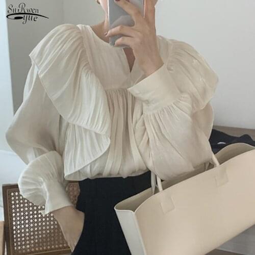 Autumn New Pleated Long Lantern Sleeve Blouse Women Ruffles Women Shirts Tops O-Neck Fashion Female Clothing Blusas Mujer 14152