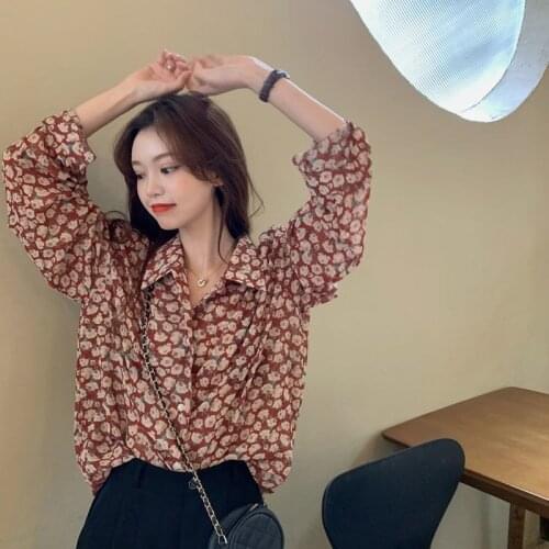 Vintage Shirt Floral Chiffon Blouse for Women Spring Summer 2021 Women Fashion Kpop Clothes Top Woman Blouse Female Long Sleeve