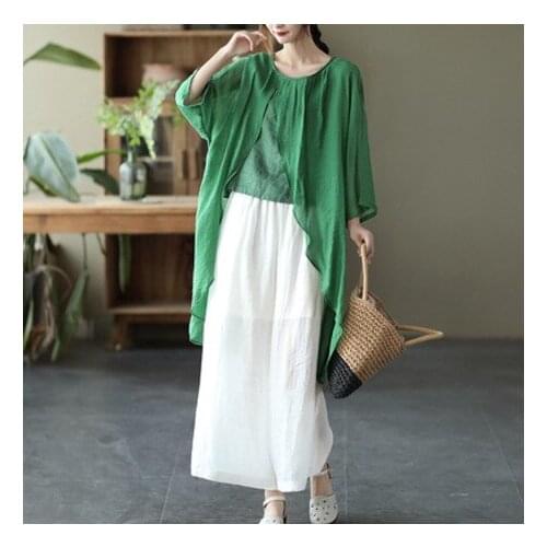 New Women Shirts Summer 21Mori Girl Style Loose Asymmetric Ramie Nine Quarter Sleeve Female Fashion Tops