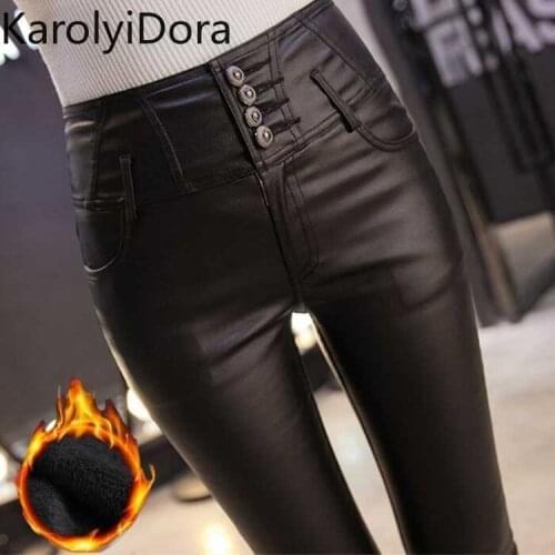 2020 autumn Warm Women Pants Dropshipping Female PU Leather Velvet Trousers Elastic Pencil Skinny pants Womens Tight pants