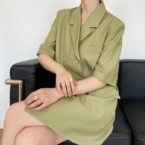 Korean Green Double Breasted Blazers Loose Casual Women Spring Summer 2021 Elegant Short Sleeve Gray Suit Dress Ladies Vestidos