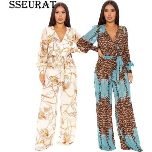 SSEURAT Women Print Turn-down Neck Long Sleeve Bodysuit Jumpsuit Sexy Party Club Night One Piece Overall Romper Playsuit 2021