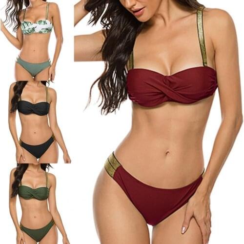 Women Bandeau Solid Color Wrap Front Bra Briefs Swimwear Bathing Suit Bikini Set Beachwear for Water Activity