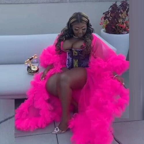 Fuchsia Ruffle Tulle Robes Women Maternity Prom Tulle Dresses Formal Evening Party Robes Photo Shoot Ball Gown Robe De Soiree