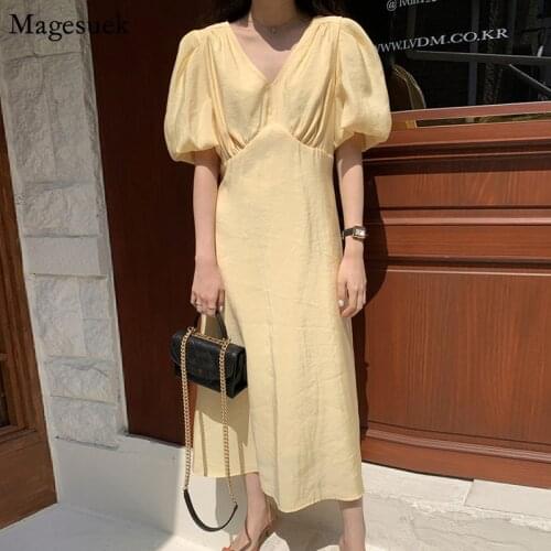 Puff Short Sleeve Summer Dress Women French Vintage High Waist Women Long Dresses Solid Wild Elegant Yelloq Dress Vestidos 14144