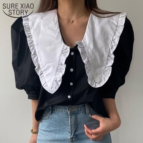 Fashion Short Sleeve Lace Doll Collar Blouses Women 2021 Summer Loose Big Lapel Female Shirts Sweet Casual White Black Top 15243