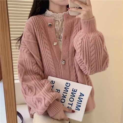 Women Knitted Cardigans Sweater Fashion Autumn Long Sleeve Loose Coat Casual Button Thick O Neck Solid Female Tops 2021 Cloths