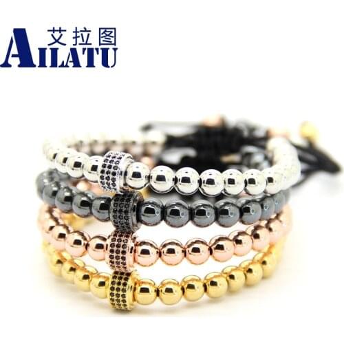 Ailatu Fashion Round Beads Weave Black Micro Pave CZ Cylinders Charm Balls Braiding Macrame Bracelet Jewelry