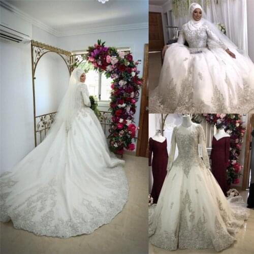 Jewel Long Sleeves Muslim Wedding Dresses Modest Lace Appliques Modest Turkey Middle East Dubai Bridal Gowns Robe De Mariage