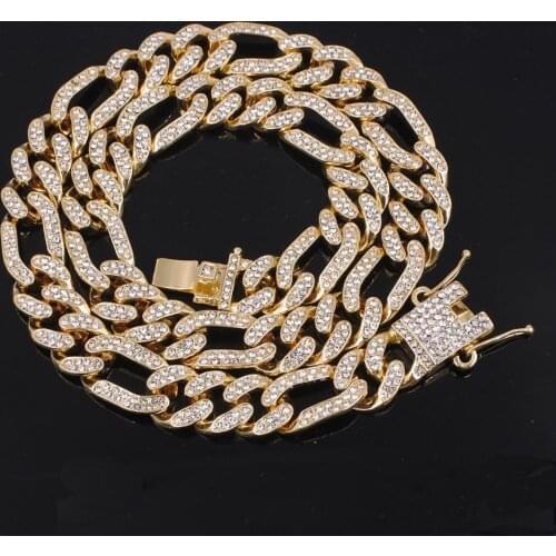 Mens hip hop miami cuban link chain gold silver color 13mm crystal figaro necklace iced out fashion jewelry rapper US design