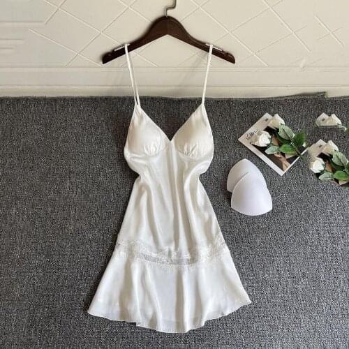 Sexy Female Nightgown Casual Sleepwear Patchwork Lace Trim Sleepshirt V-Neck Mini Suspender Nightdress Satin Home Dressing Gown
