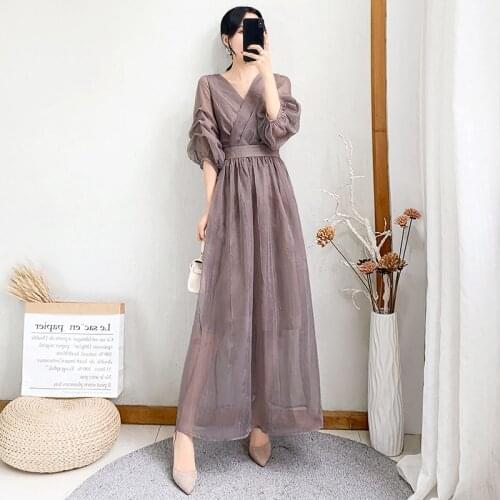 2021 new womens summer pure color V-neck high waist dresslantern sleeves Mid-length female slim and thin temperament long dress