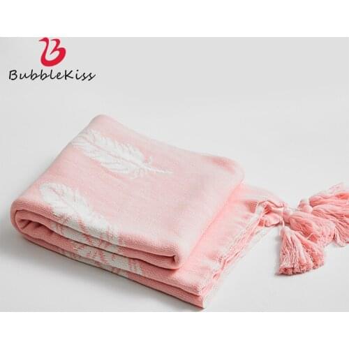 Bubble Kiss Nordic Pure Cotton Blanket Small Fresh Feather Pattern Bed Cover Blanket Knitted Adults Travel Tassel Shawl Blanket