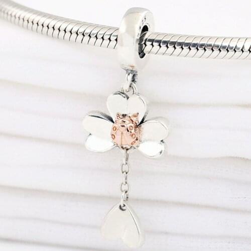 Original Rose Clover & Ladybird With One Leaf Pendant Beads Fit 925 Sterling Silver Charm Bracelet Bangle Diy Jewelry