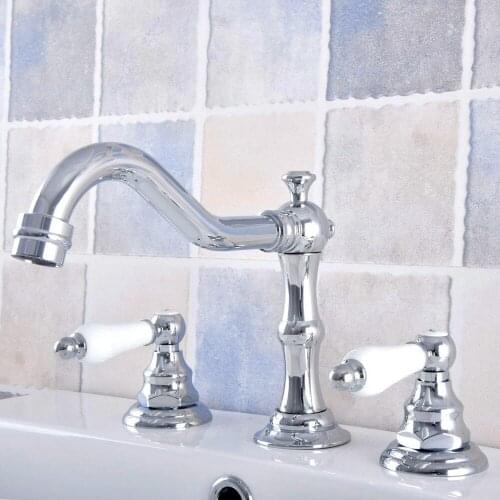 Silver Polished Chrome Brass Deck Mounted Bathroom Basin Faucet Widespread Vanity Sink Mixer Tap Three Holes/Two Handles anf540