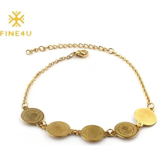 FINE4U B421 San Benito Pulsera Saint Benedict Medal Charm Bracelet Adjustable Protection Bracelet for Women Girls