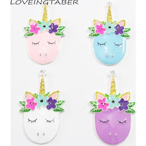 Choose Color First)Newest ! 50mm*33mm 10pcs/lot Full Enamel Cartoon Unicorn Head Pendants