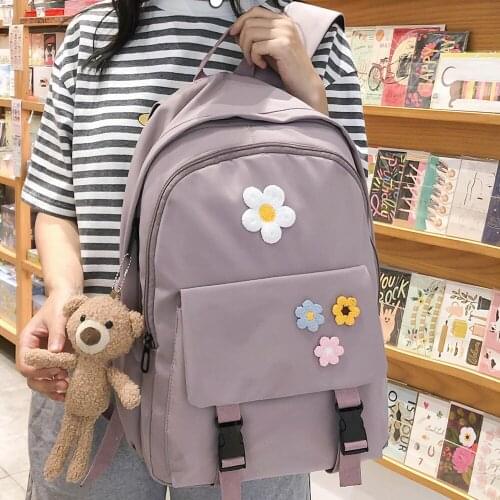Girl Student Kawaii Backpack Buckle Fashion Book School Bag Flower Women Nylon Waterproof Backpacks Cute Doll Female Bags Ladies