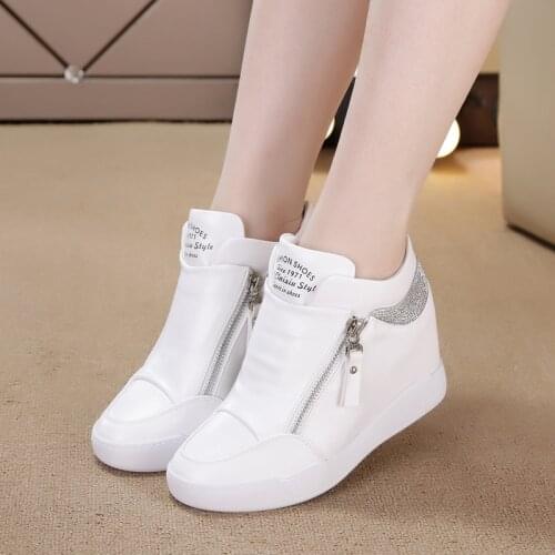 Women Wedge Platform Rubber Brogue Leather Lace Up High heel 8 cm Shoes Pointed Toe Increasing Creepers White Sneakers Zipper
