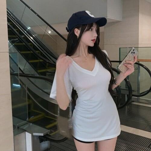 V-neck Women Clothes White T Shirts Summer Korean Style Female Fashion Slim Tees Ladies Tops Sexy Hipster Green 2021 New