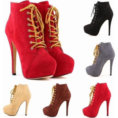 Female Motorcycle boots Winter Boots Flock Lace-Up Ankle Basic Round Toe Super High 14CM Thin Heels Solid women boots Shoes