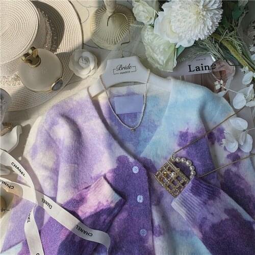 Womens sweater oil painting dream color cardigan knitting short gradient elegant fashion jacket autumn and winter sweater women