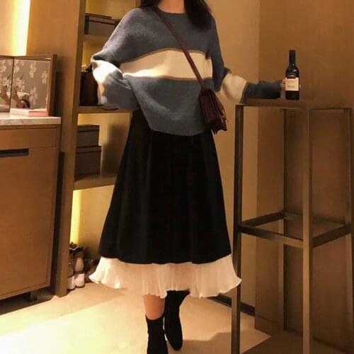 2021 New Womens Knit Sweater Pullover Two Piece Set Fashion Pleated Long Skirt Suit Ladies Spring Autumn Knitted 2 Piece Set