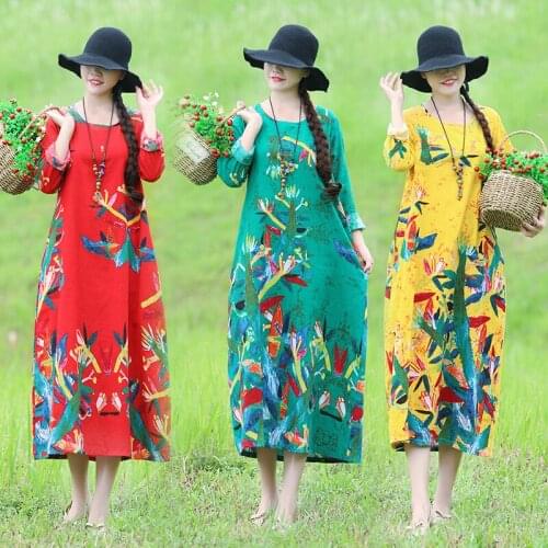 2021 New Spring Summer Elegant Print Dress Women Long Sleeve Cotton Vintage Long A-Line Party Dress