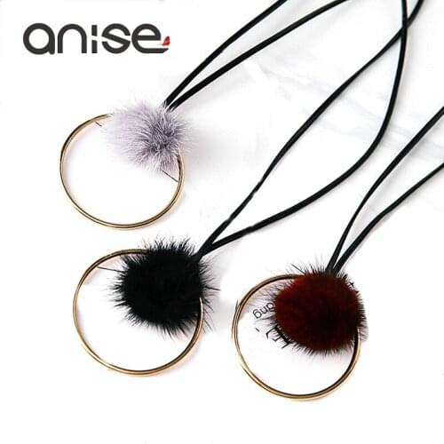 Anise Arrival Fur Ball Pendant Necklace Long Necklace Sweater Chain Simple Alloy Circle Necklace For Women Jewelry collier femme