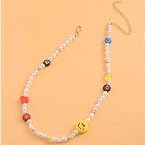 90s Aesthetic Pearl Flower Bead Heart Smiley Necklace For Women Cartoon Cute DIY Vintage Necklace Charm 2000s Y2K Jewelry Gifts