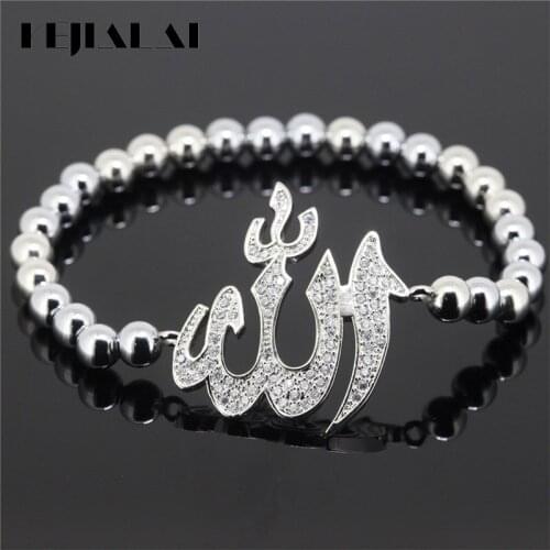 KEJIALAI Gold Silver Color Charm Bracelets 4mm Beads Allah Muslim Bracelet for Men CZ Bracelet Femme Stretch Elastic Bead M-L479