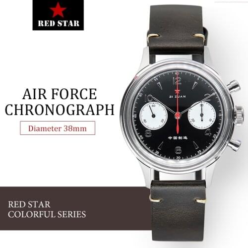 38mm Black 1963 Pilot Chronograph Watch Men ST19 Seagull Movement Acrylic /Sapphire Clock Air force Military Watch Mens RED STAR