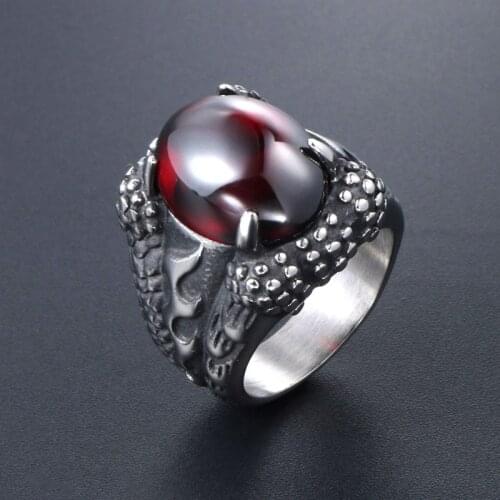 Punk Dragon Claw Gothic Big Black Red Stone Stainlesss Steel Ring Vintage Men Goth Punk Finger Ring Male High Quality Jewelry