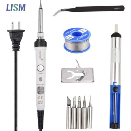 Electric Soldering Iron Kit adjustment Temperature 110V 220V 60W Soldering Iron kit Desoldeirng Pump soldering tips Welding Tool