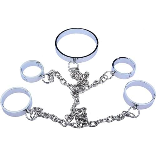 Metal Neck Collar Handcuffs Ankle Cuffs Slave BDSM Bondage Set Adult Games Sex Toys Tools For Men Women Couples Slave Fetish