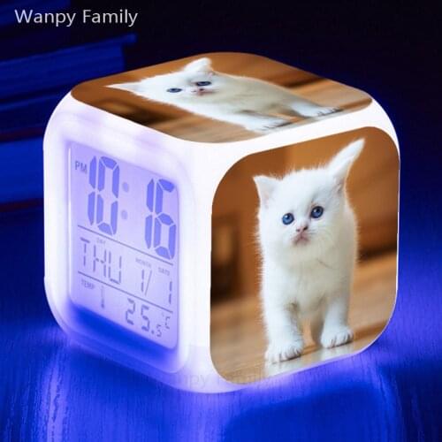 Super cute little Kitty cat LED Alarm Clock 7 Color Glowing Multifunctional Digital Alarm Clock kid night light electronic watch