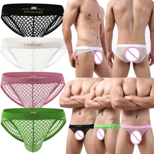 Mens Fishnet Briefs Shorts Underwear Hollow Out Breathable Trunk Transparent Masculina Gay Underpants Bikini Sexy Men Underwear