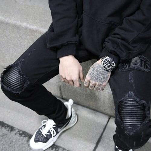 PU Patch Slim Stretch Feet Mens Jeans Men Clothes 2020 Hip Hop Ripped Jeans for Men Clothes Streetwear Biker Denim Black Jeans
