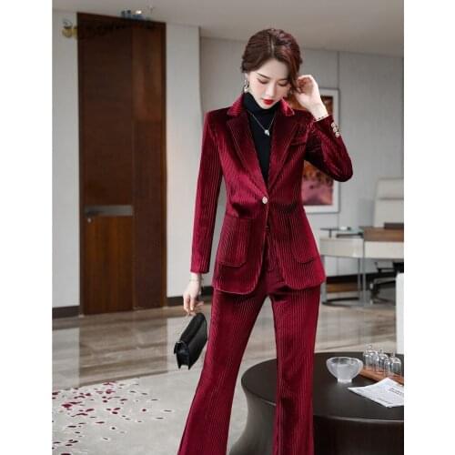 Autun Winter Long Sleeve Blazers Pantsuits High Quality Fabric Velvet Women Work Wear with Pants and Jackets Coat Interview