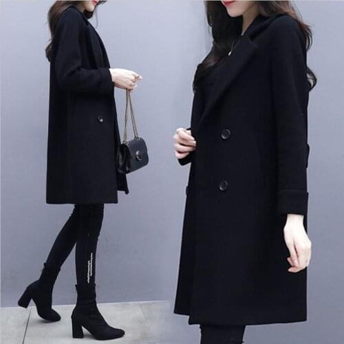 Large Size Coats Women Woolen Coat New 2021 Woolen Jacket Women Jackets Long Slim Thickening Warm Pakra Womens Clothing Black