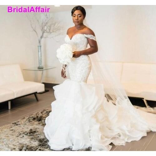 Crystal Mermaid Wedding Dresses Off Shoulder Sweep Train Cascading Ruffles Appliques Chapel Garden Bridal Gowns
