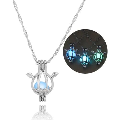 Lucky Angel wings Glow In The Dark necklaces Hollow luminous water drop shaped cage pendant For women Fashion Jewelry