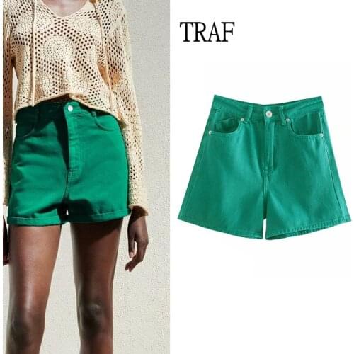 TRAF Za 2021 Green Women Shorts Summer High-Waisted Short Woman Korean Style Clothing Zipper Casual Shorts Pocket Woman Short