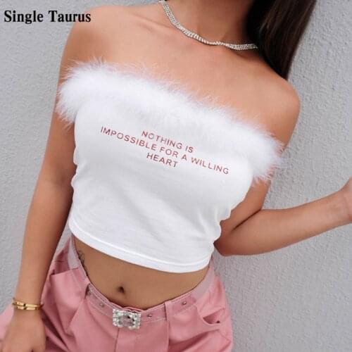 Streetwear Women Top Feather Letter Print White Slash Neck Tank Strapless Crop Top Camis Summer Casual Outwear Womens Clothing
