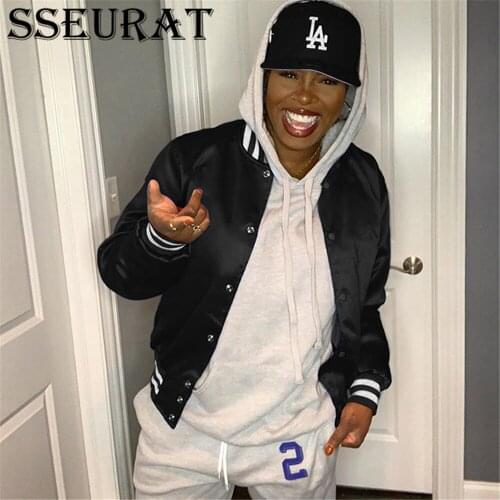 SSEURAT Womens Baseball Jacket Fall 2021 Stylish Casual Solid Single-breasted Jacket Coat