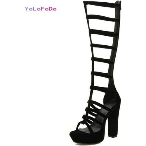 2021 Faux Suede Summer Women Gladiator Shoes Platform Square High Heel Ladies Knee High Boots Open Toe Zipper Women Sandals