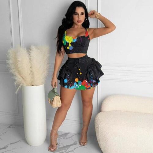 Womens Two-Piece Summer Suit with Splashed Ink and Wood Ear Lace Vest Skirt Womens Skirt and Top Set Short Skirt Pleated Skirt